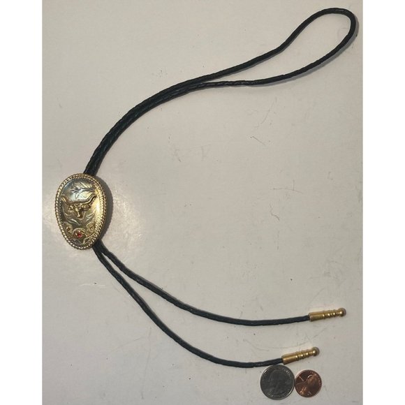 Vintage Metal Bolo Tie, Alpaca Silver and Brass, Nice Red Stone - Picture 3 of 6